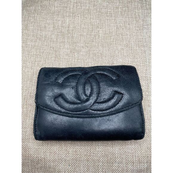 Vintage Channel Black Leather Wallet Women’s Unisex Good Condition Read Details - Picture 1 of 16
